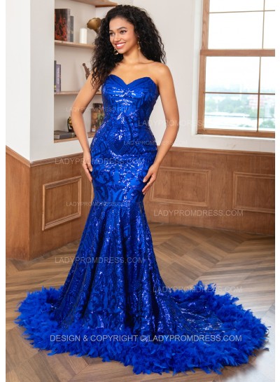 Royal Blue Sweetheart Sequence Lace Zip Long 2025 Prom Dresses With Feathers