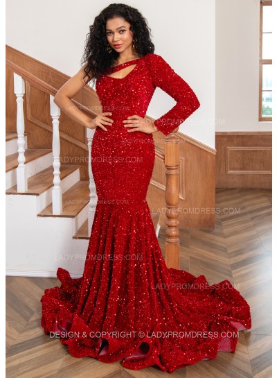 2025 Red One Shoulder Sequence Mermaid Long Prom Dresses