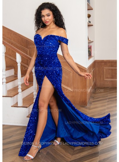 A Line Royal Blue Sweetheart Side Slit Sequence Long Prom Dresses 2025