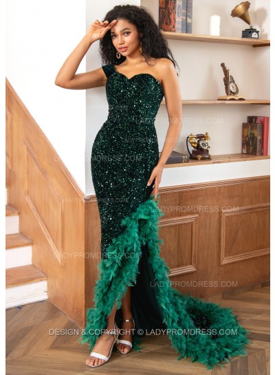 Sheath One Shoulder Sweetheart Hunter Green Sequence High Low Prom Dresses 2025 With Feathers