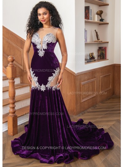 2025 Grape Velvet Sheath Bateau Long Prom Dresses With Appliques