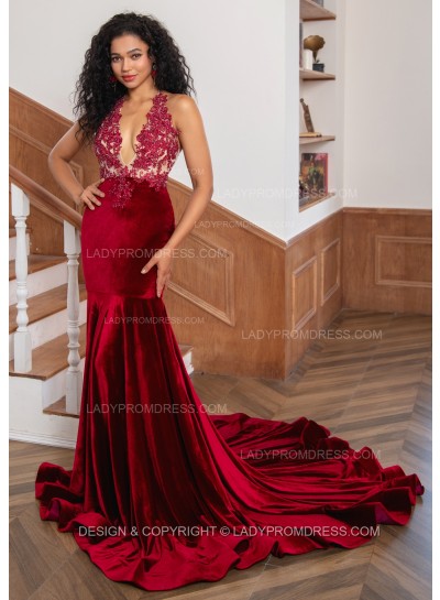 2025 Burgundy Velvet V Neck Long Corset Back Prom Dresses With Appliques