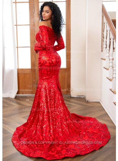 2025 Red Sheath Sequence Lace Long Sleeves Off Shoulder Long Prom Dresses