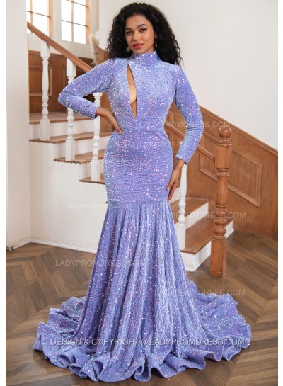 2025 Long Sleeves Lavender Sequence High Neck Slit Long Prom Dresses