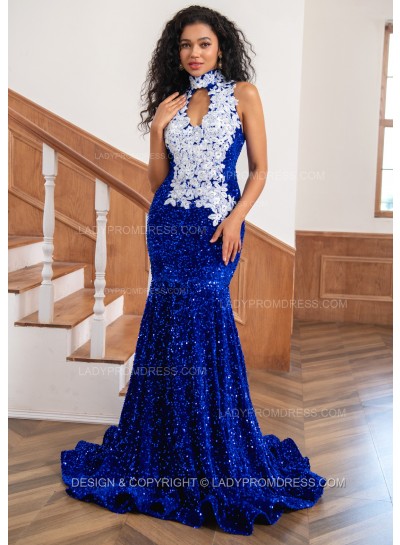 2025 Sheath Royal Blue Sequence High Neck Prom Dresses With Appliques