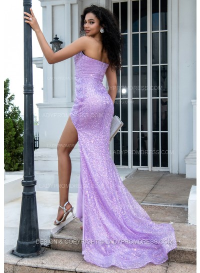 2025 A Line Lilac Sequence Side Slit Sweetheart Long Prom Dresses