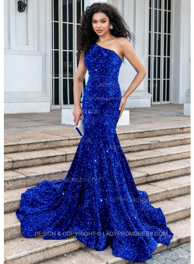Mermaid Royal Blue Sequence One Shoulder Long Prom Dresses 2025