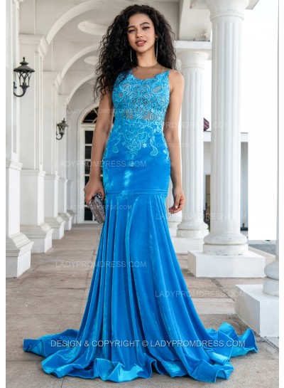 2025 Sheath Velvet Blue Long Prom Dresses With Appliques