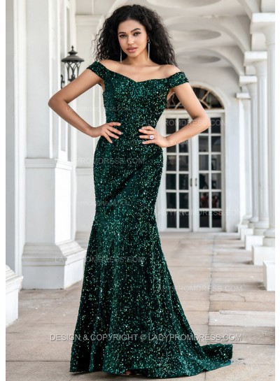 2025 Hunter Green Sequence Long Off The Shoulder Long Prom Dresses