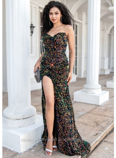 2025 Gold Sweetheart Side Slit Sequence Sheath Long Prom Dresses