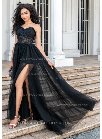 A Line Black Sweetheart Tulle With Lace Side Slit Long Prom Dresses 2025