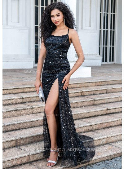 Sheath Halter Sequence Black Side Slit Corset Open Back Long 2025 Prom Dresses