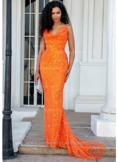 2025 Sheath Orange Halter Long Sequence Prom Dresses