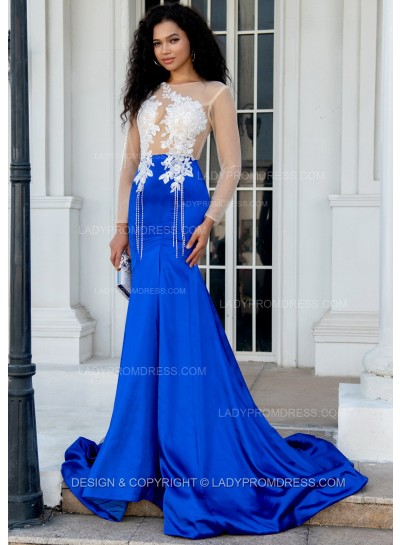 2025 Sheath/Column Royal Blue Silk Like Satin Long Sleeves Prom Dresses With Appliques