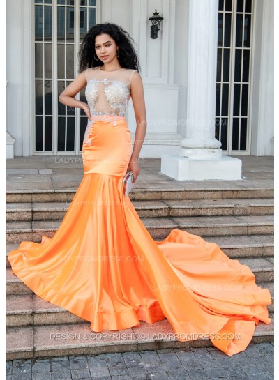 2025 Sheath Orange Long Prom Dresses With Appliques