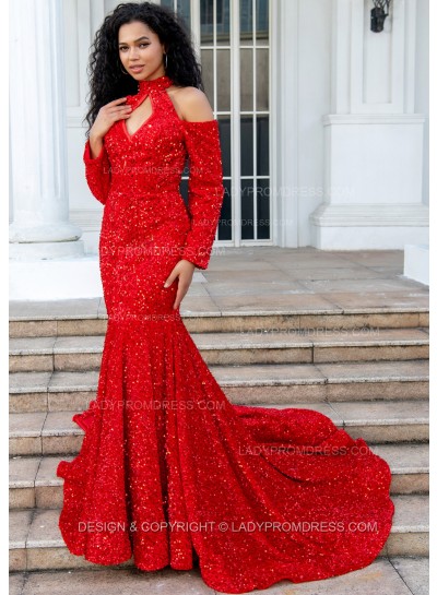 Red Mermaid Long Sleeves Hollow Out Key Hole Long Sequence Prom Dresses 2025