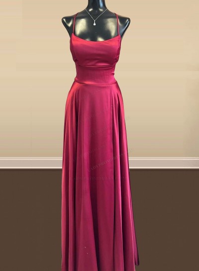 2025 A Line Silk Like Satin Burgundy Halter Long Prom Dresses
