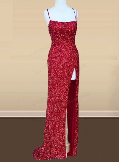 2025 Sheath Sequence Side Slit Burgundy Spaghetti Straps Long Prom Dresses