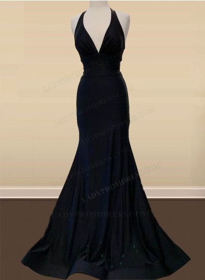 Black Sheath Halter Elastic Woven Satin Backless Long Prom Dresses 2025