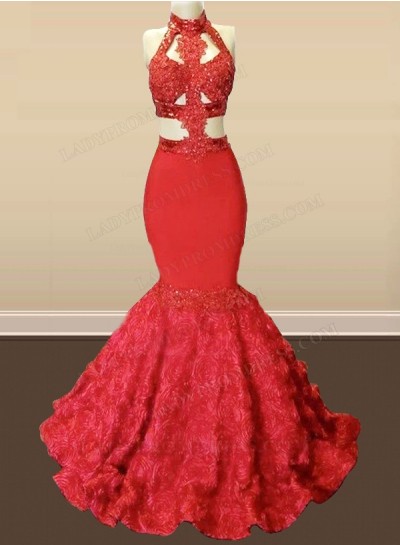 2025 Mermaid Red Low Back Appliques High Neck Rose Bottom Long Prom Dresses
