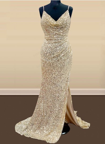 Sheath Sequence Champagne Sweetheart Backless Long 2025 Prom Dresses