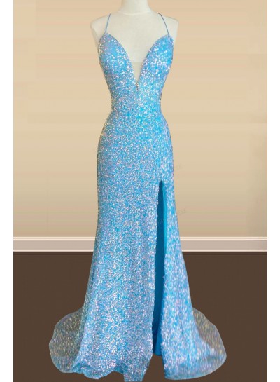 2025 A Line Halter Side Slit Blue Sweetheart Sequence Long Prom Dresses