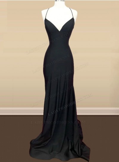 Sheath Black Sweetheart Halter Woven Elastic Satin Long Prom Dresses 2025
