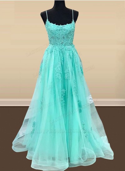 2025 A Line Tulle With Appliques Mint Green Halter Long Prom Dresses