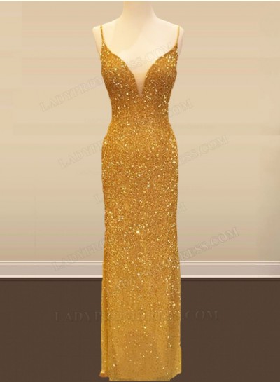 2025 Sheath Gold Sweetheart Spaghetti Straps Long Sequence Prom Dresses