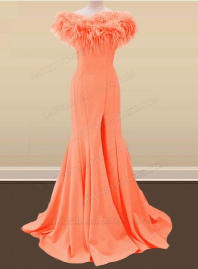 Satin Orange Off Shoulder Side Slit Feathers Long Prom Dresses 2025