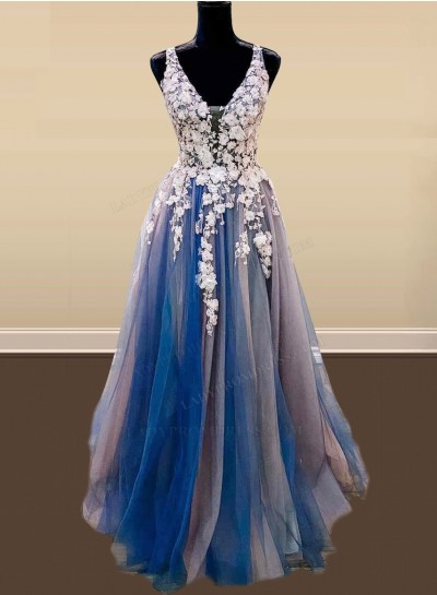 A Line Tulle Dark Navy V Neck Prom Dresses With Appliques 2025