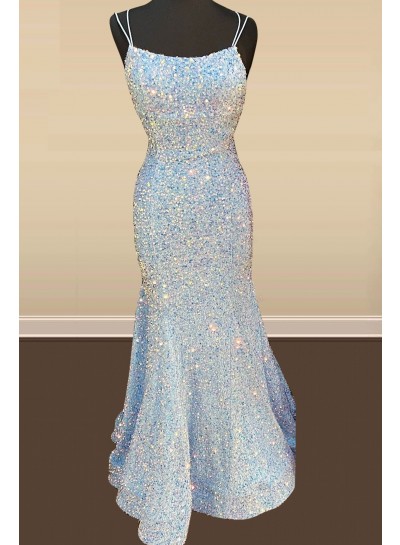 Light Sky Blue Sequence Spaghetti Straps Corset Back Long Prom Dresses 2025
