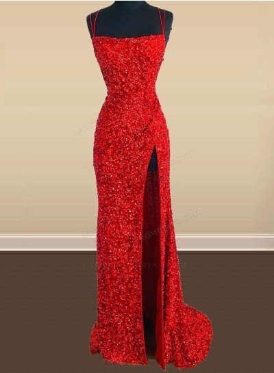 2025 Red Sheath Spaghetti Straps Long Sequence Side Slit Prom Dresses