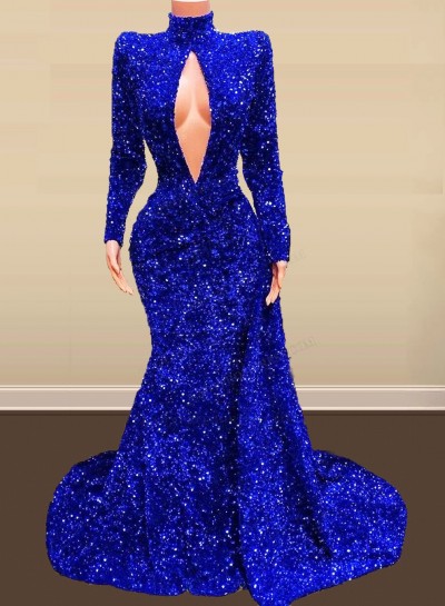 Royal Blue Mermaid Key Hole Long Sleeves Sequence Long Prom Dresses 2025