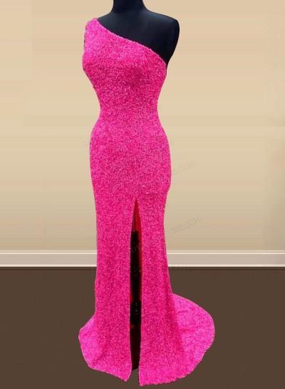 2025 Fuchsia Sheath One Shoulder Side Slit Sequence Long Prom Dresses