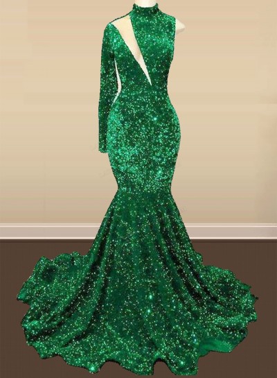 Emerald Green One Shoulder Sequence Mermaid Long Prom Dresses 2025