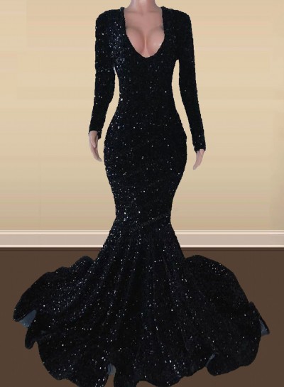 2025 Mermaid Black Long Sleeves V Neck Sequence Long Prom Dresses