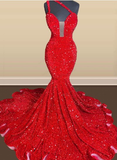 Red Mermaid Sequence Sweetheart Long Prom Dresses 2025