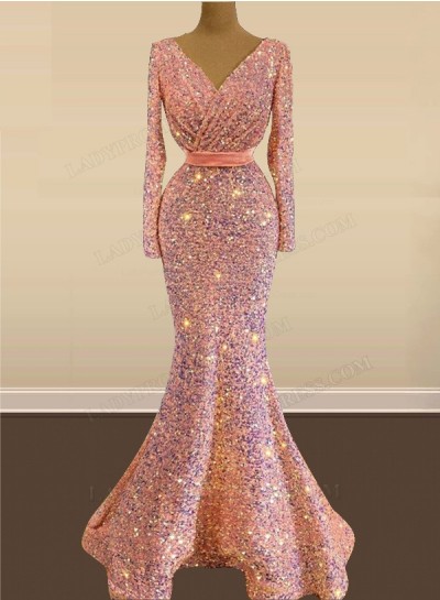 Mermaid Pink Long Sleeves V Neck Sequence Long Prom Dresses 2025