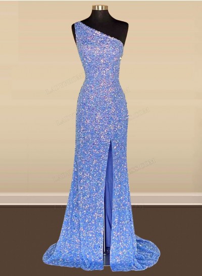 2025 One Shoulder Lavender Side Slit Sequence Long Prom Dresses