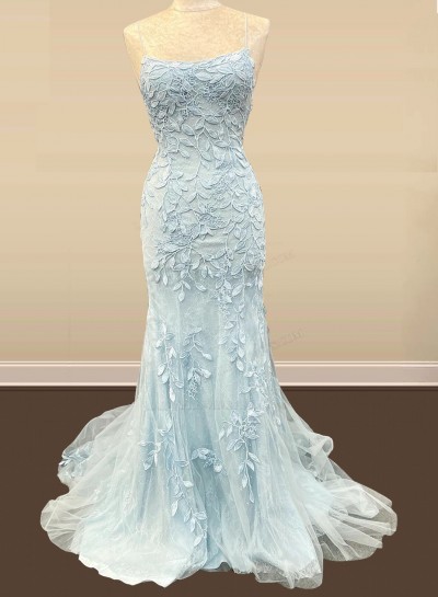 2025 Light Sky Blue Tulle With Appliques Long Spaghetti Straps Prom Dresses