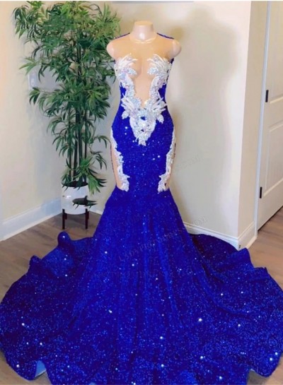 2025 Mermaid Royal Blue Sequence Long Sheer Neckline Prom Dresses