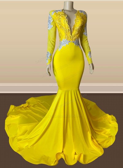 2025 Mermaid Silk Like Satin Long Sleeves V Neck Daffodil Long Prom Dresses