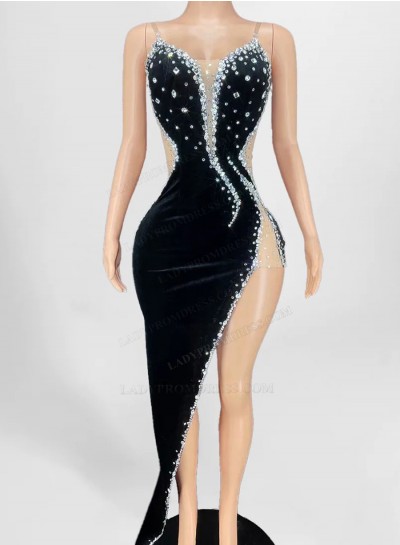 2025 Black Velvet Sweetheart Asymmetrical High Low Beaded Prom Dresses