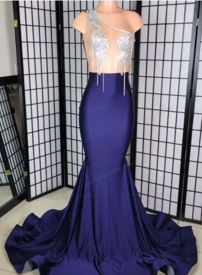 Navy Blue 2025 One Shoulder Mesh Beaded Long Prom Dresses