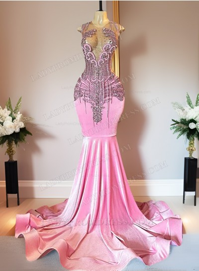 Pink 2025 Mermaid Velvet Long Prom Dresses
