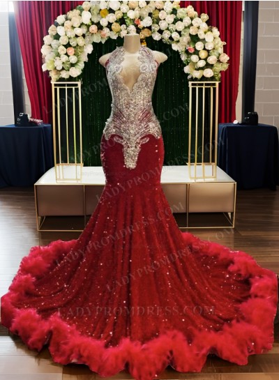 Red Sequence Long Prom Dresses With Feathers Prom Dresses 2025