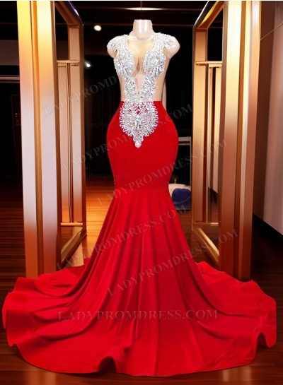 Red 2025 Long Beaded Stretchy Satin Prom Dresses