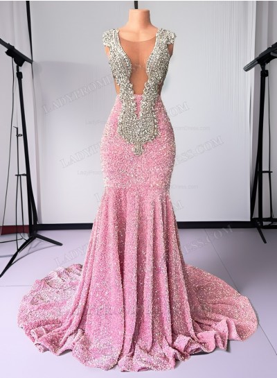 Pink Sequence Long Beaded Sheath 2025 Prom Dresses