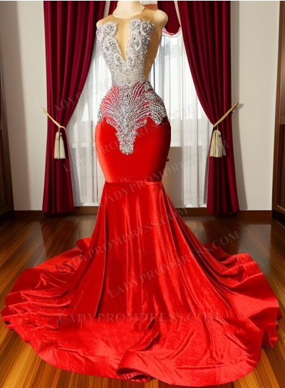 Red Beaded Mermaid Silk Like Satin Long 2025 Prom Dresses